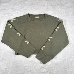Altar’d State Olive Green Sweater with Flower Accents